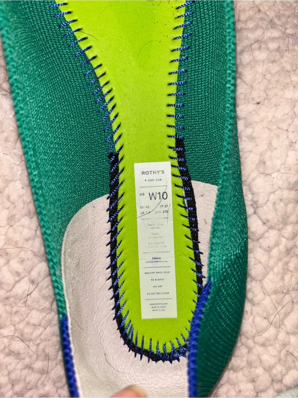Rothy’s The Point Emerald Green Cobalt Trim Flats Women’s Size 10 US